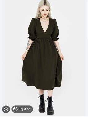 Disturbia Olive Puff Sleeve V-Neck Midi Dress